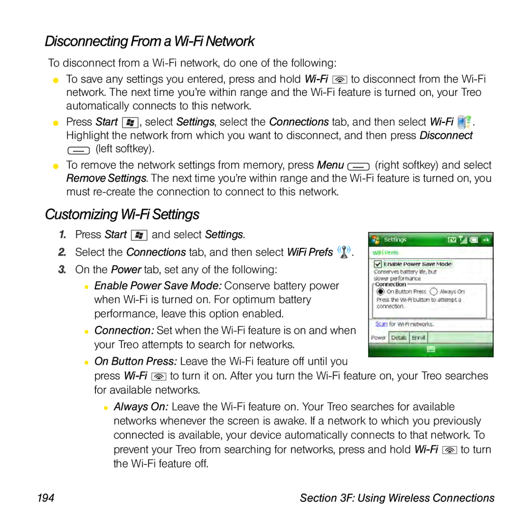 Sprint Nextel 800w manual Disconnecting From a Wi-Fi Network, Customizing Wi-Fi Settings, 194 