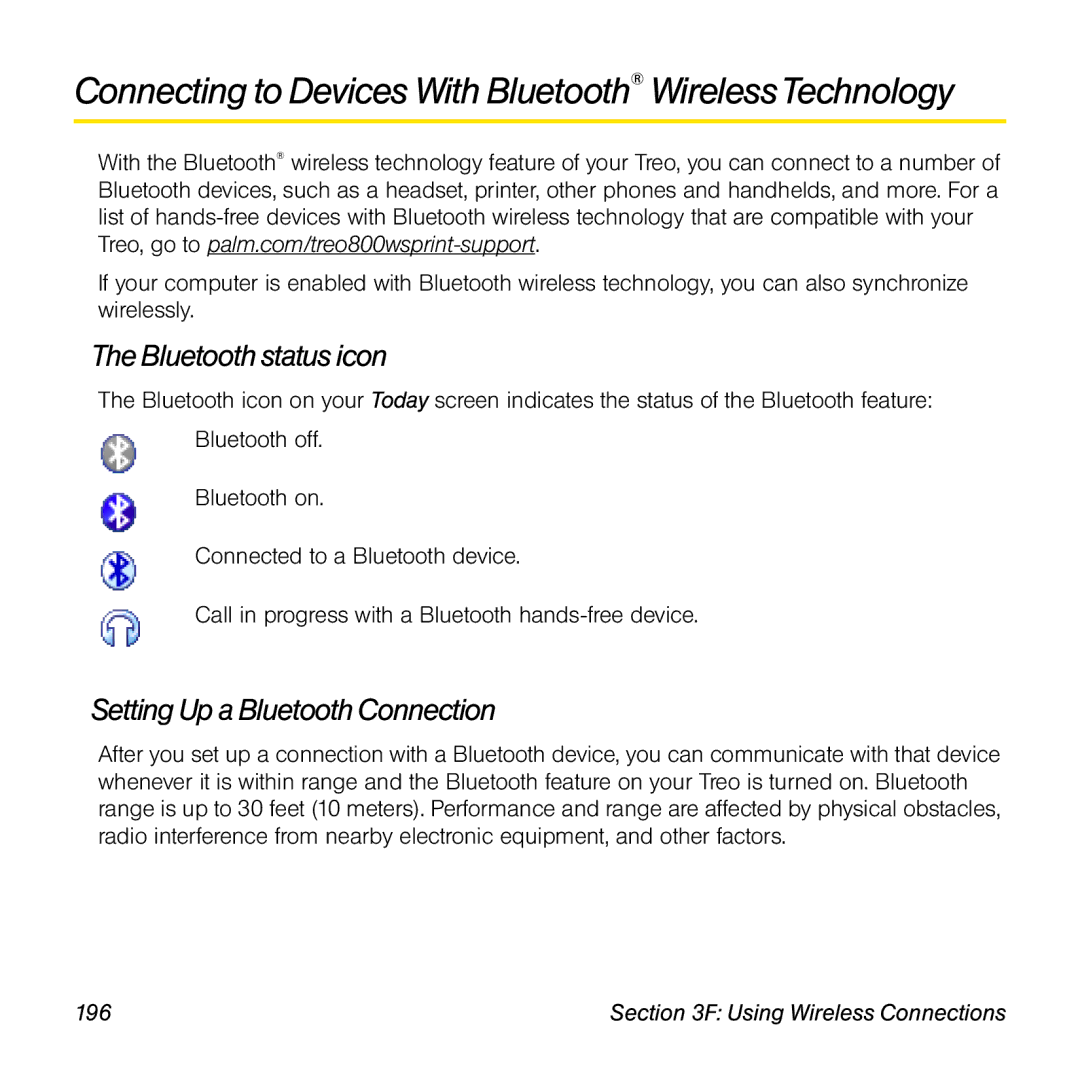 Sprint Nextel 800w manual Connecting to Devices With Bluetooth WirelessTechnology, Bluetooth status icon, 196 