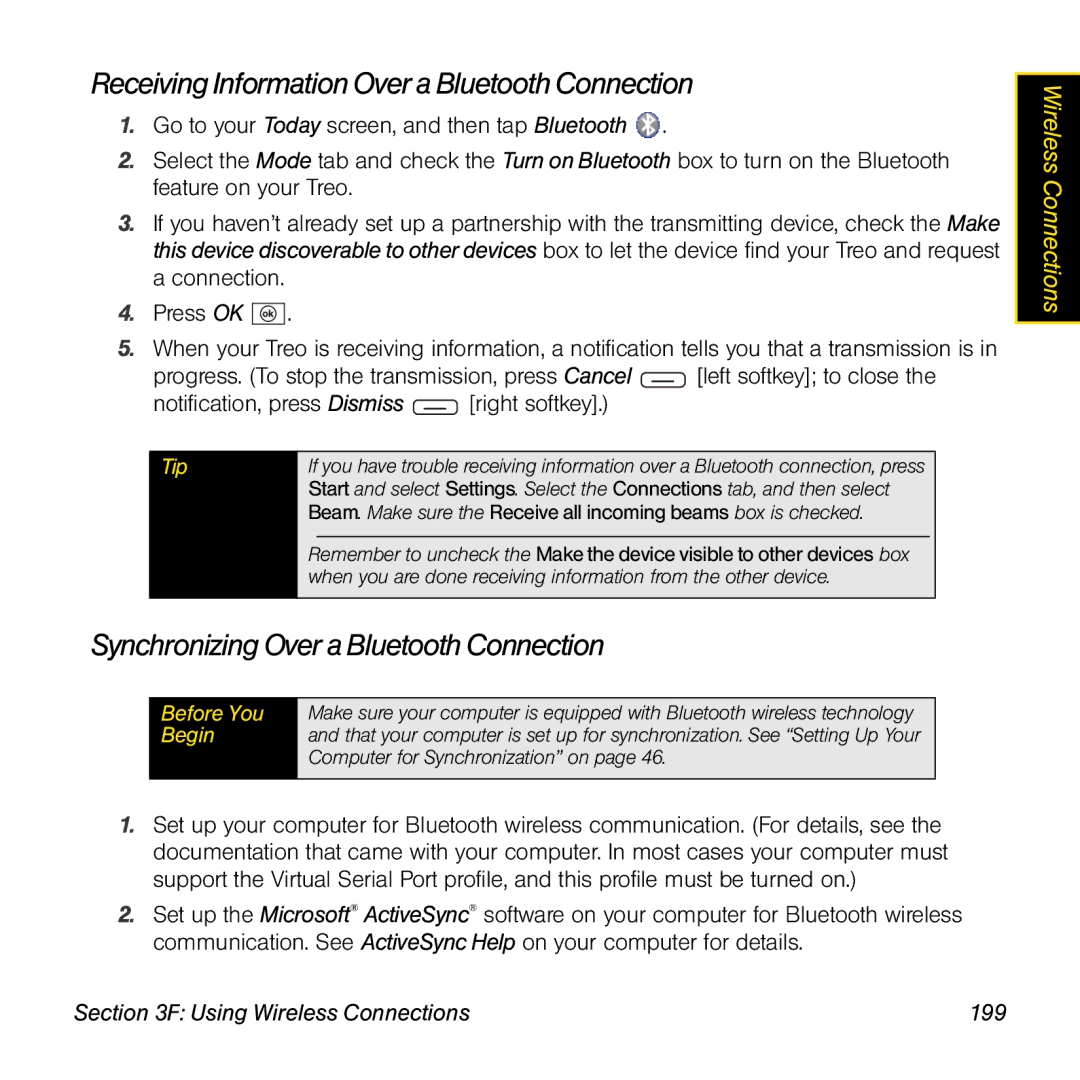 Sprint Nextel 800w manual Receiving Information Over a Bluetooth Connection, Synchronizing Over a Bluetooth Connection 