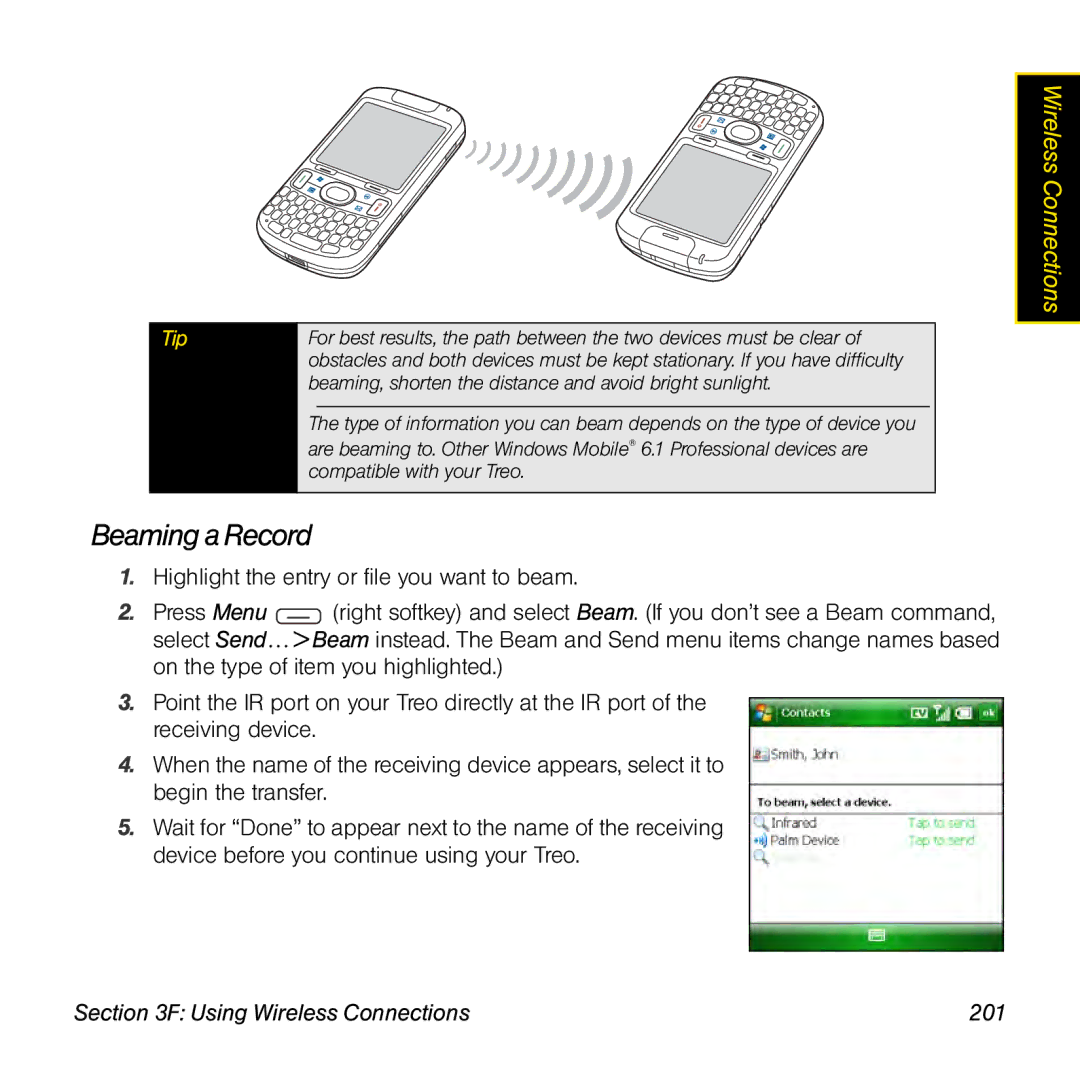 Sprint Nextel 800w manual Beaming a Record, Using Wireless Connections 201 