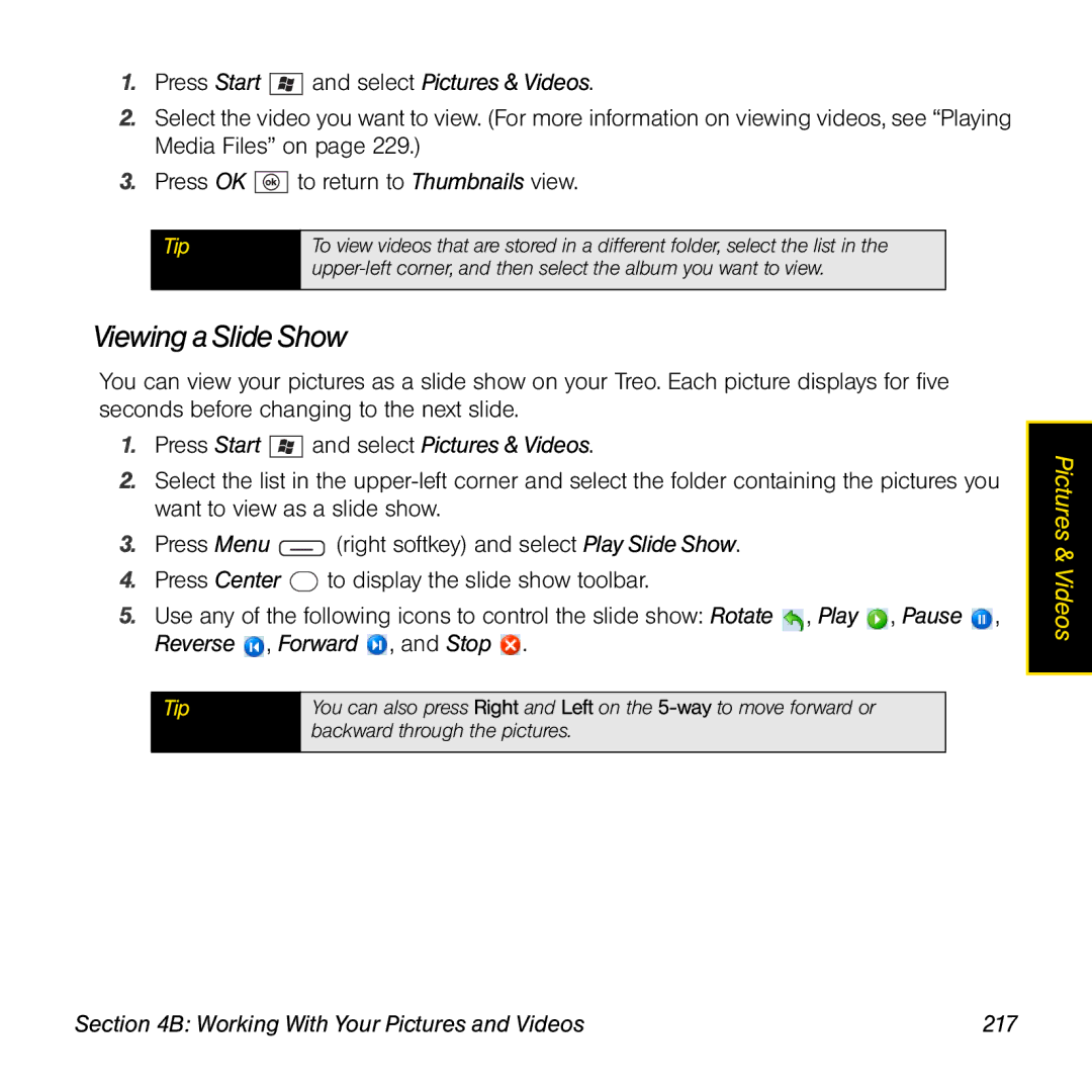 Sprint Nextel 800w manual Viewing a Slide Show, Working With Your Pictures and Videos 217 