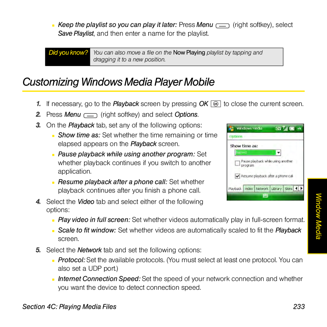 Sprint Nextel 800w manual Customizing Windows Media Player Mobile, Playing Media Files 233 
