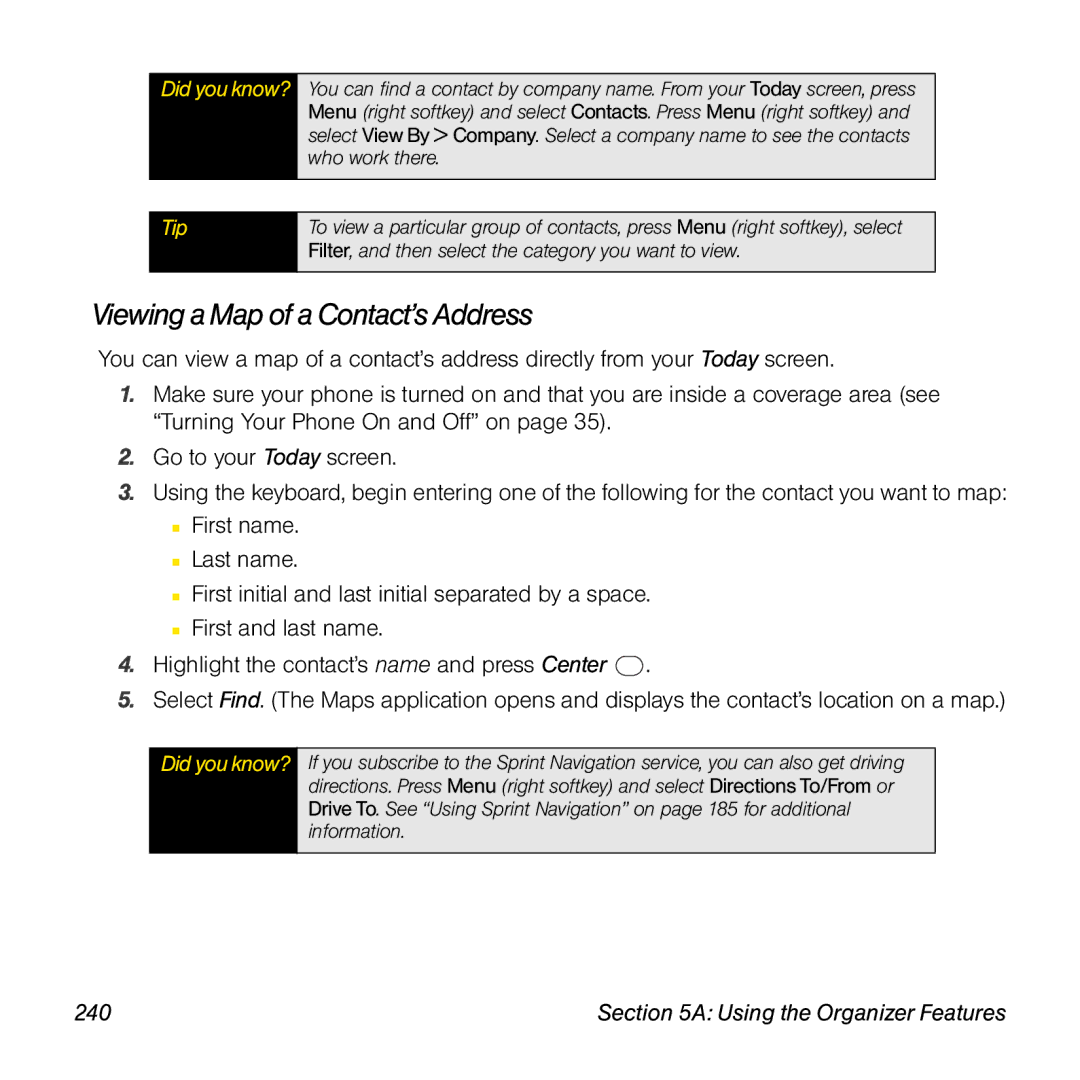 Sprint Nextel 800w manual Viewing a Map of a Contact’s Address, 240 