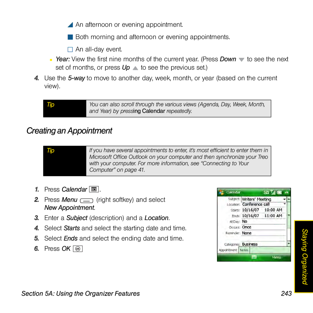 Sprint Nextel 800w manual Creating an Appointment, Using the Organizer Features 243 