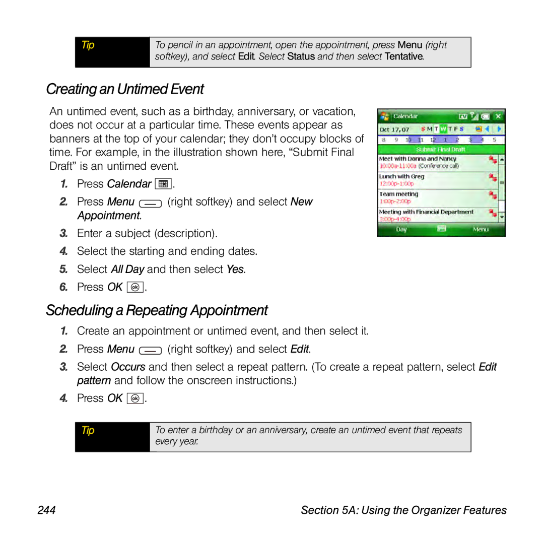 Sprint Nextel 800w manual Creating an Untimed Event, Scheduling a Repeating Appointment, 244 