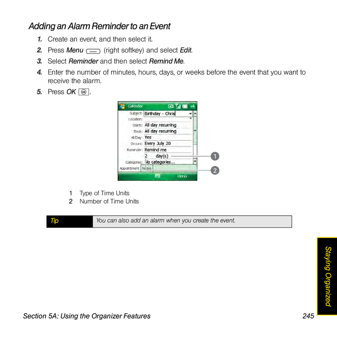 Sprint Nextel 800w manual Adding an Alarm Reminder to an Event, Using the Organizer Features 245 