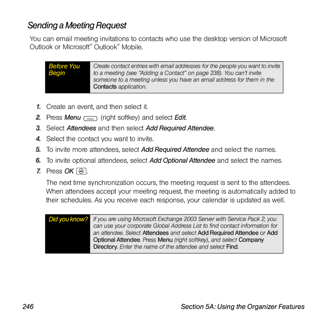 Sprint Nextel 800w manual Sending a Meeting Request, Select Attendees and then select Add Required Attendee, 246 