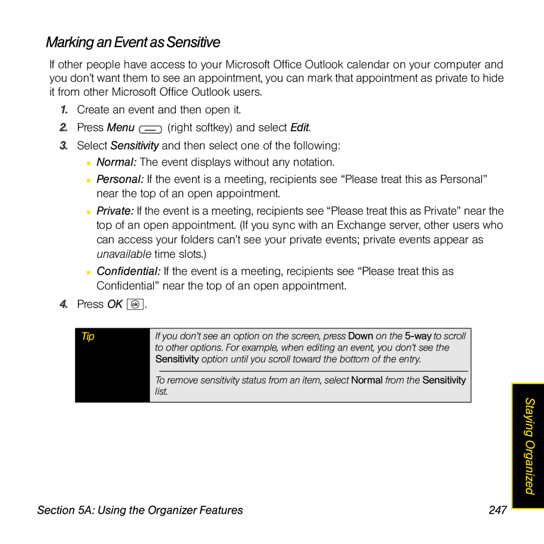 Sprint Nextel 800w manual Marking an Event as Sensitive, Using the Organizer Features 247 