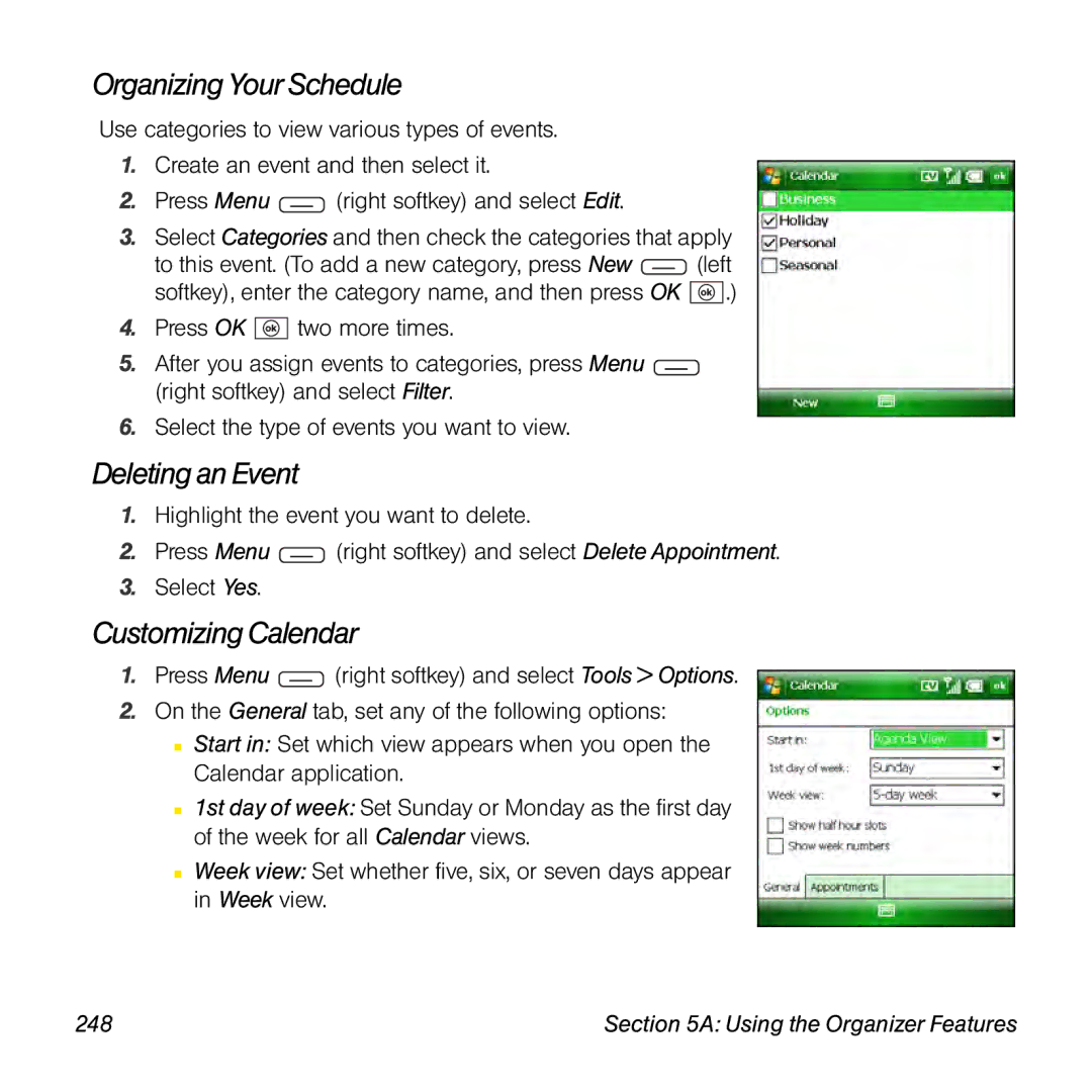 Sprint Nextel 800w manual Organizing Your Schedule, Deleting an Event, Customizing Calendar, 248 