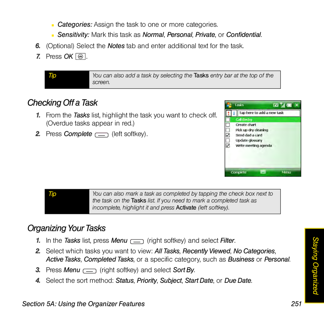 Sprint Nextel 800w manual Checking Off a Task, Organizing Your Tasks 