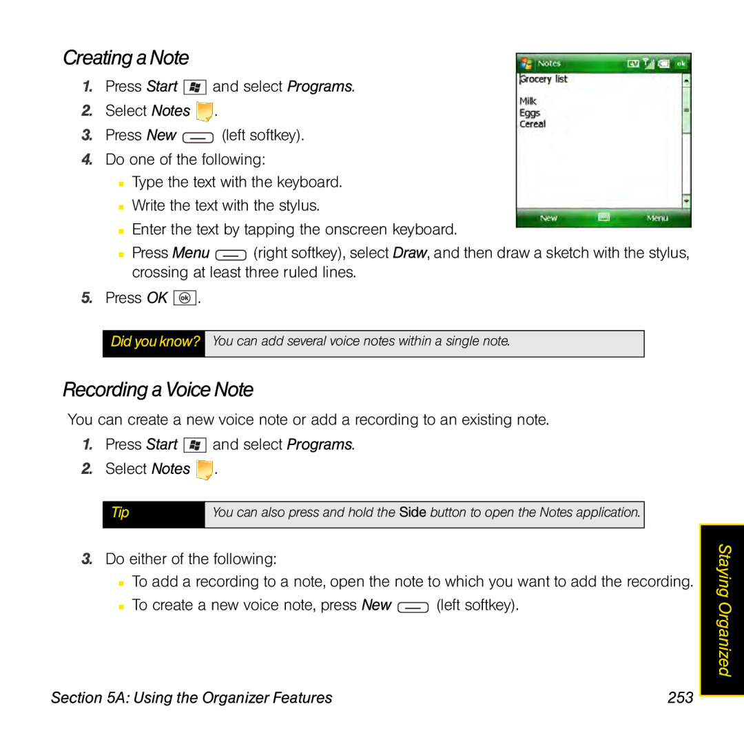 Sprint Nextel 800w manual Creating a Note, Recording a Voice Note, Using the Organizer Features 253 