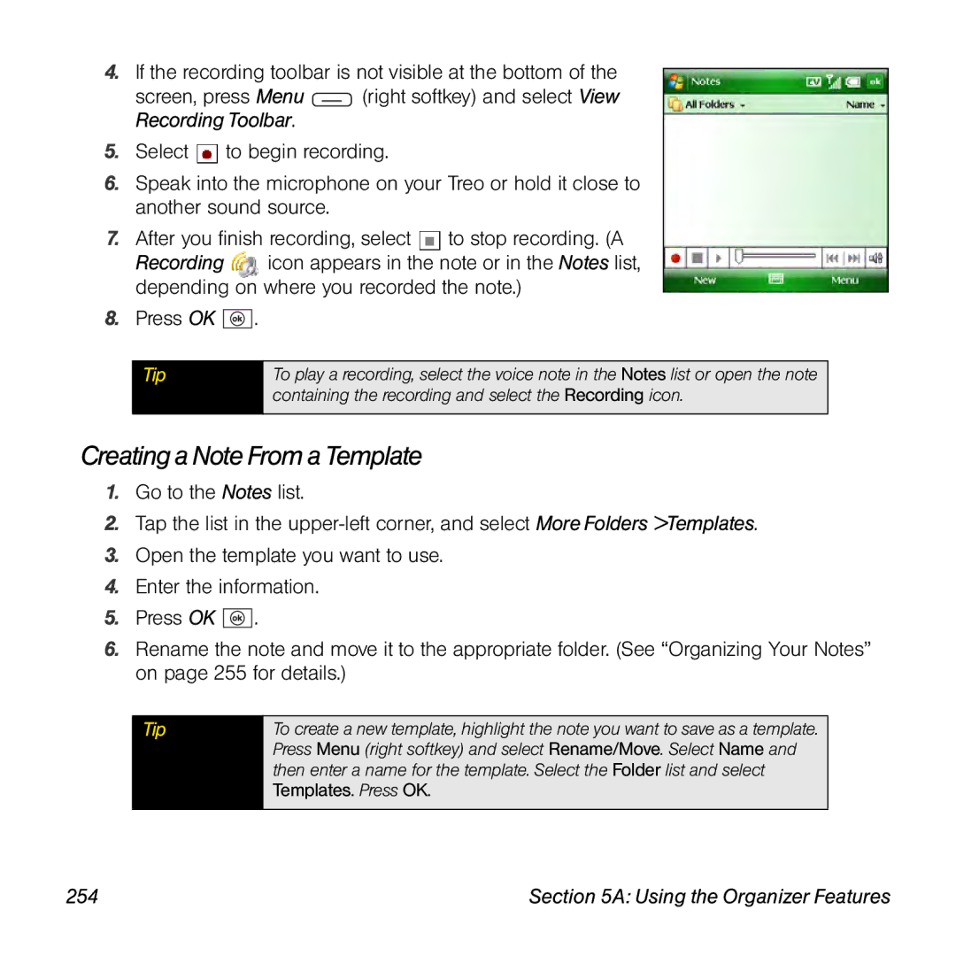 Sprint Nextel 800w manual Creating a Note From a Template, 254 