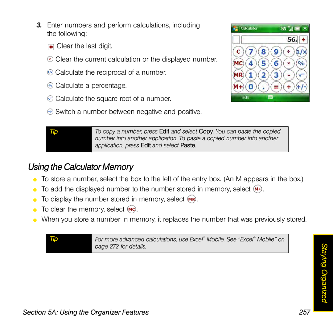 Sprint Nextel 800w manual Using the Calculator Memory, Using the Organizer Features 257 