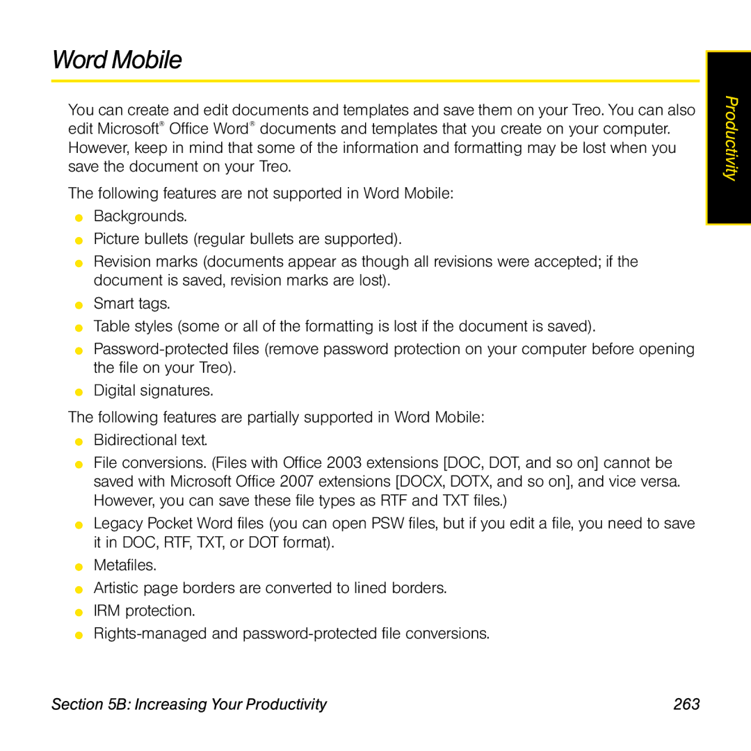 Sprint Nextel 800w manual Word Mobile, Increasing Your Productivity 263 