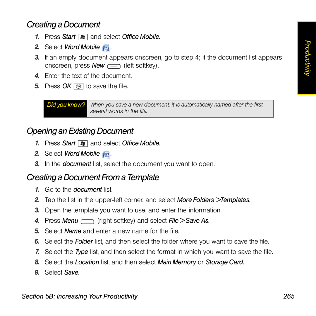 Sprint Nextel 800w manual Opening an Existing Document, Creating a Document From a Template, Select Word Mobile 