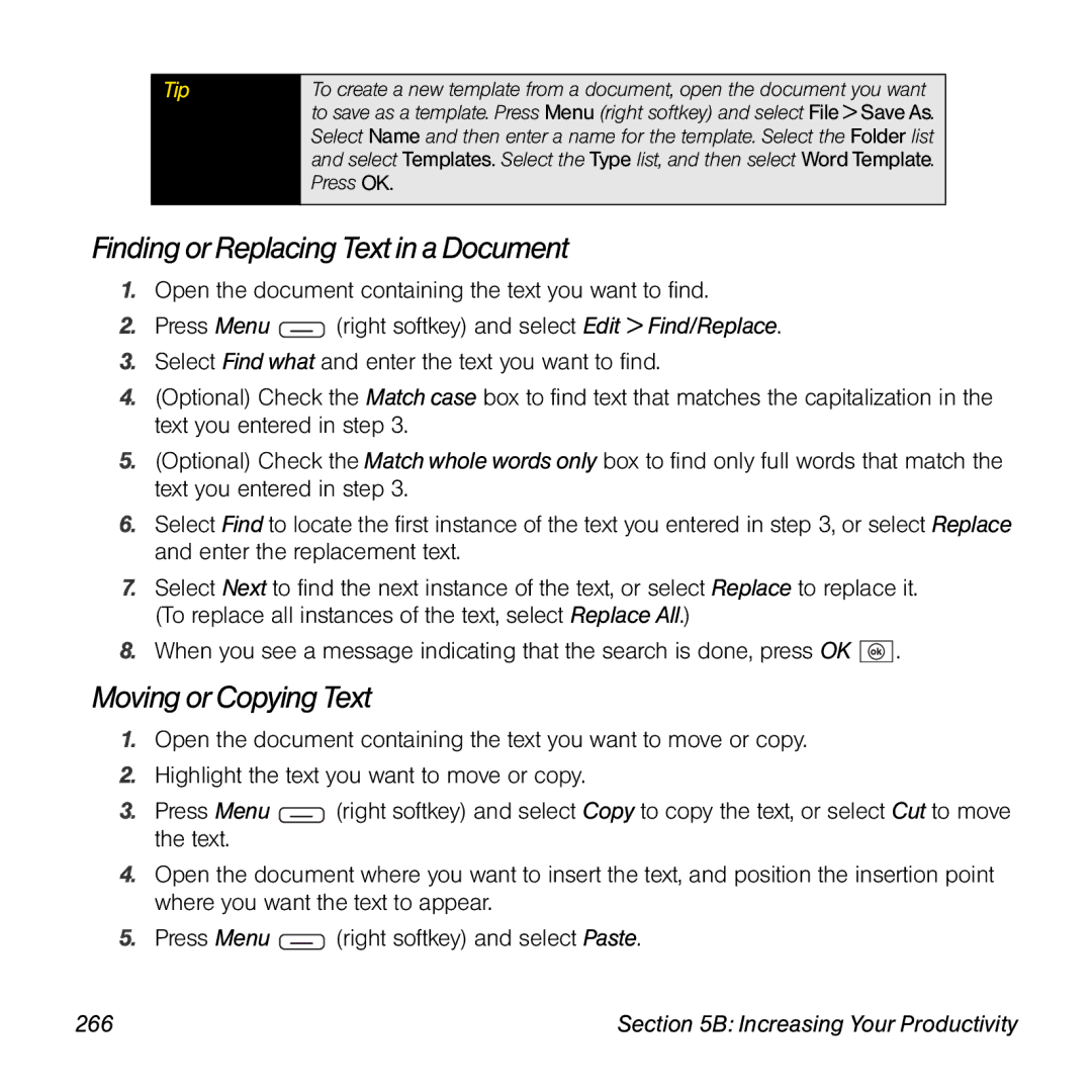 Sprint Nextel 800w manual Finding or Replacing Text in a Document, Moving orCopying Text, 266 