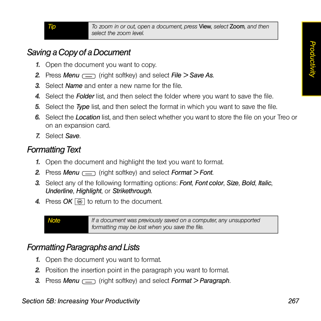 Sprint Nextel 800w manual Saving a Copy of a Document, Formatting Text, Formatting Paragraphs and Lists 