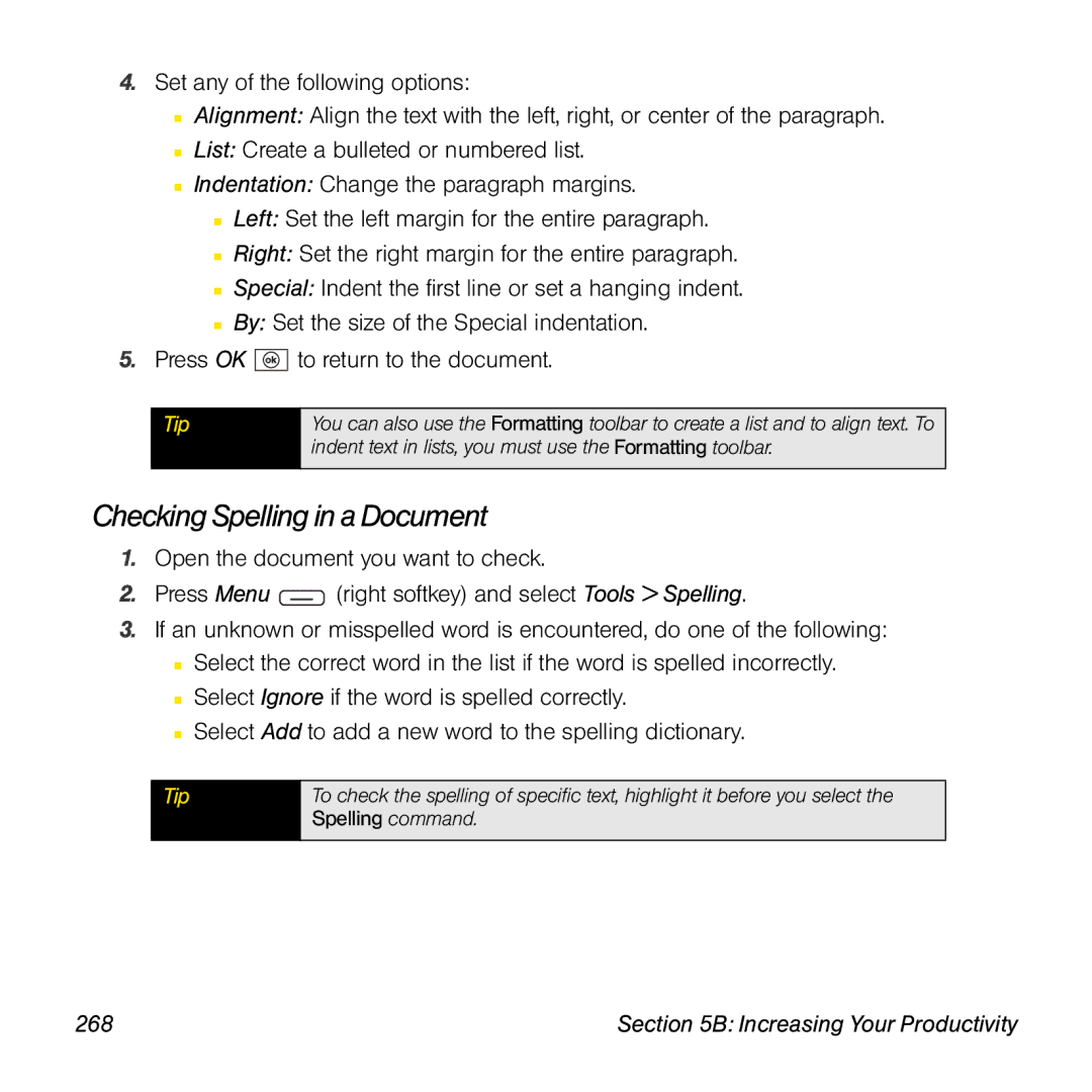 Sprint Nextel 800w manual Checking Spelling in a Document, 268 