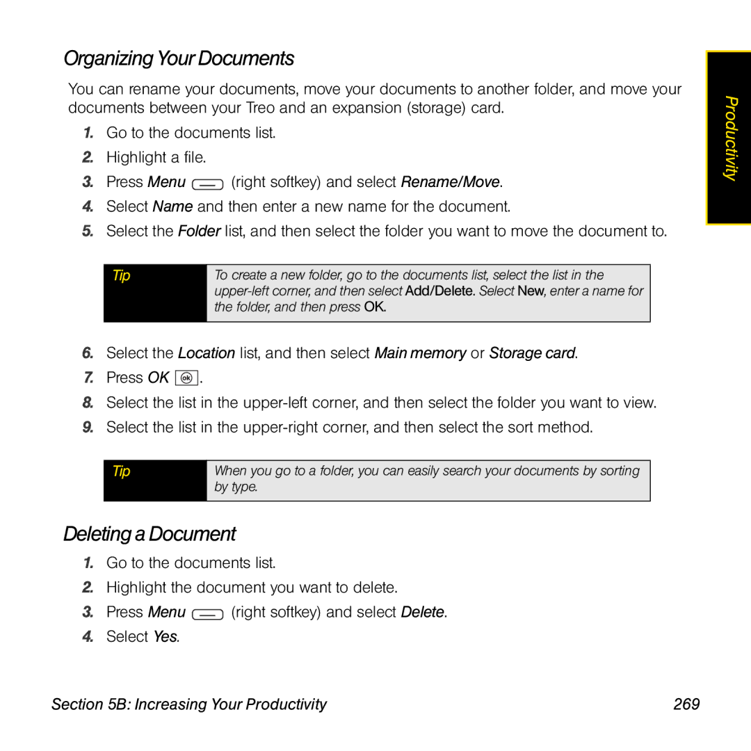 Sprint Nextel 800w manual Organizing Your Documents, Deleting a Document, Increasing Your Productivity 269 