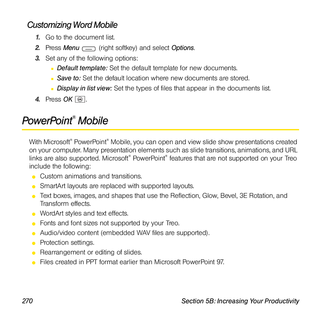 Sprint Nextel 800w manual PowerPoint Mobile, Customizing Word Mobile, 270 