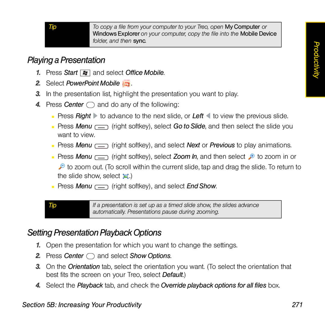 Sprint Nextel 800w manual Playing a Presentation, Setting Presentation Playback Options, Select PowerPoint Mobile 