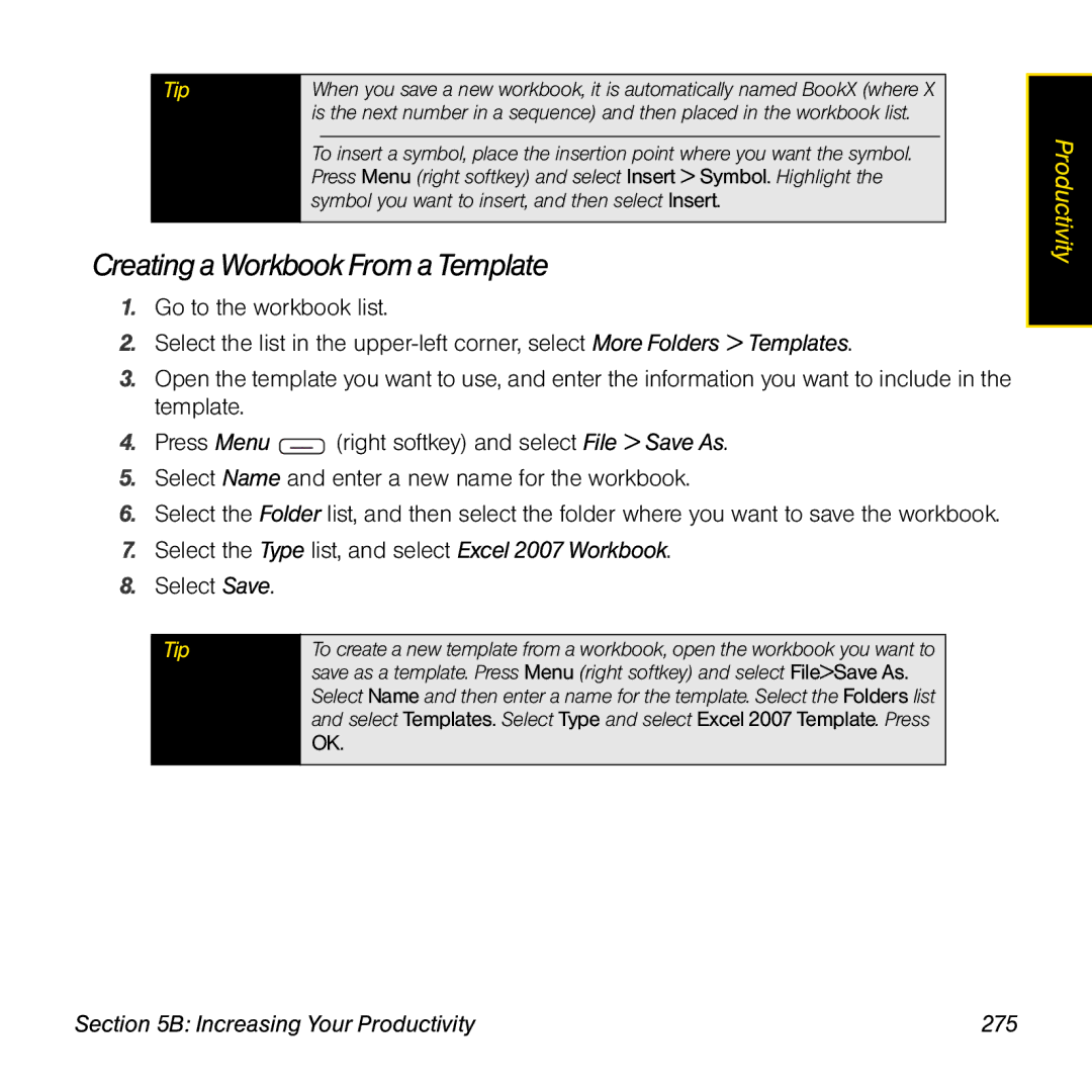 Sprint Nextel 800w manual Creating a Workbook From a Template, Increasing Your Productivity 275 