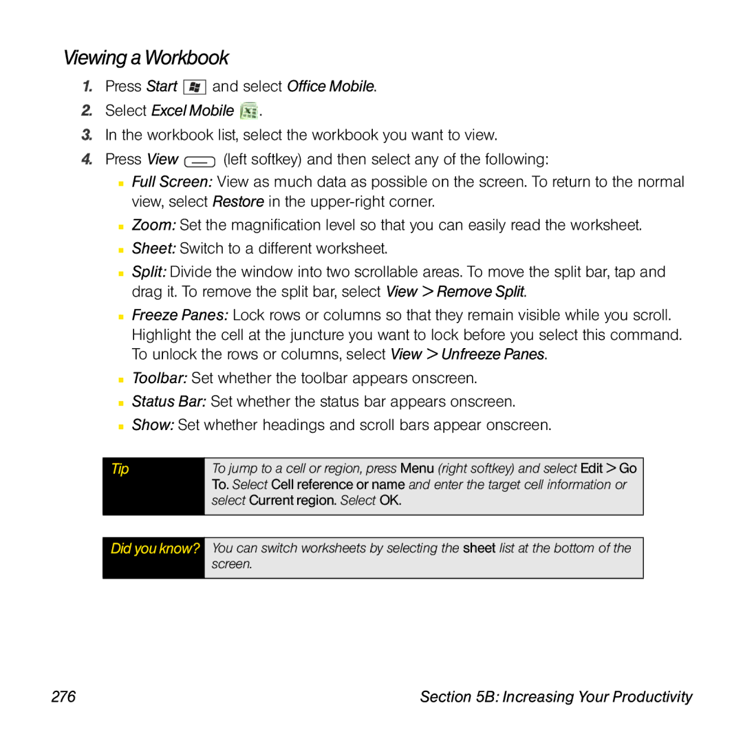 Sprint Nextel 800w manual Viewing a Workbook, 276 