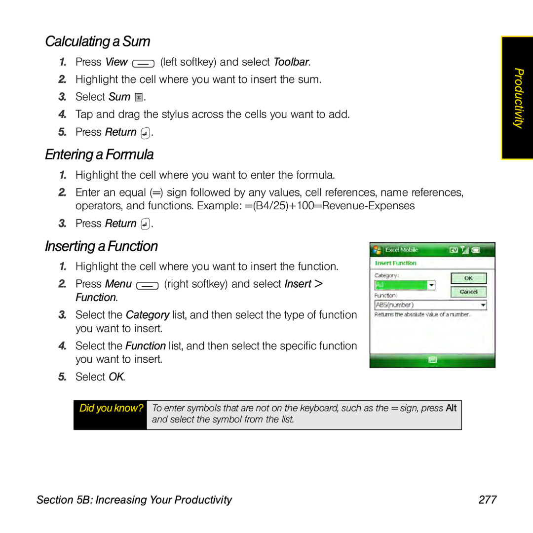 Sprint Nextel 800w manual Calculating a Sum, Entering a Formula, Inserting a Function, Increasing Your Productivity 277 