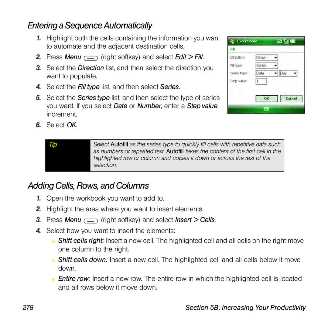 Sprint Nextel 800w manual Entering a Sequence Automatically, Adding Cells, Rows, and Columns, 278 