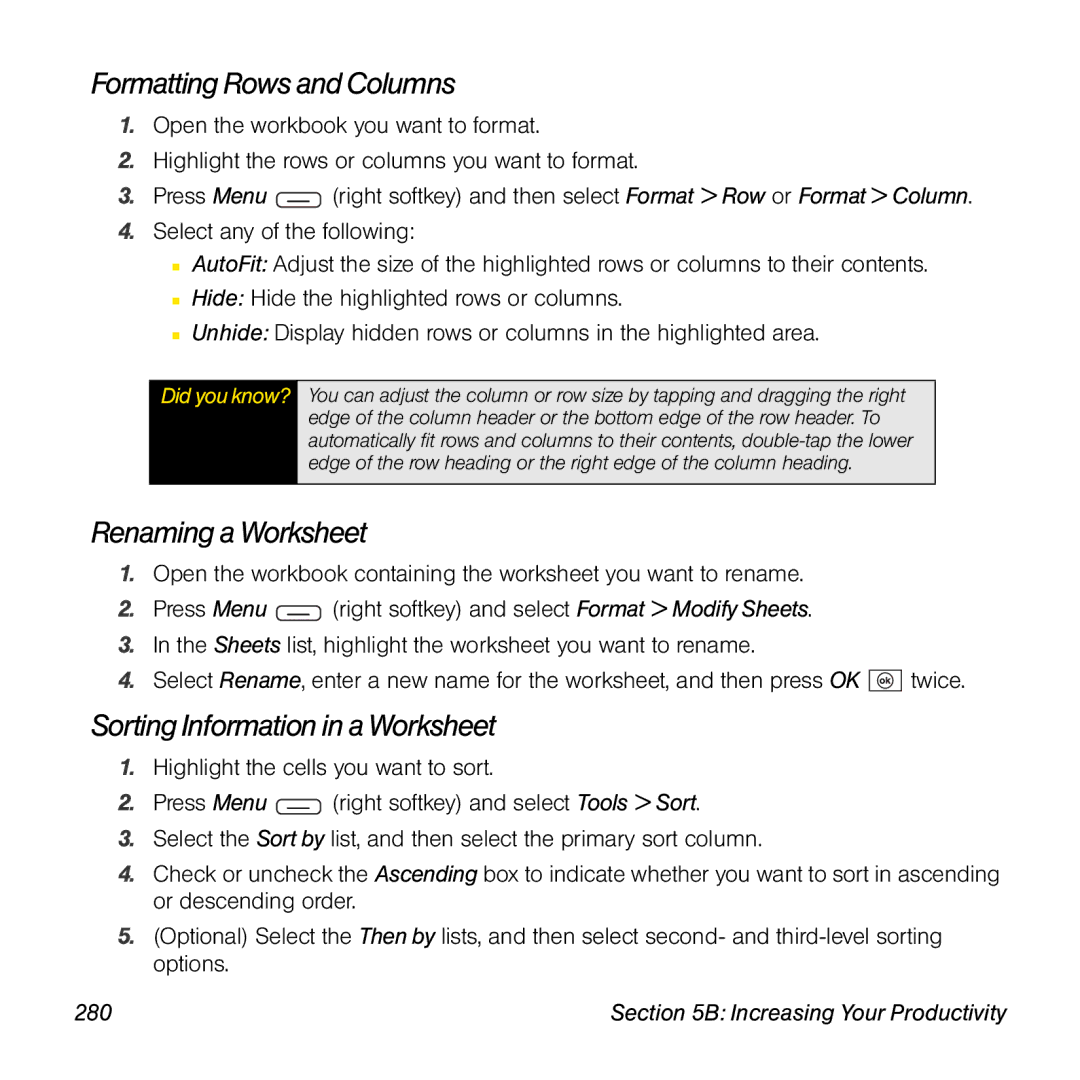 Sprint Nextel 800w manual Formatting Rows and Columns, Renaming a Worksheet, Sorting Information in a Worksheet, 280 