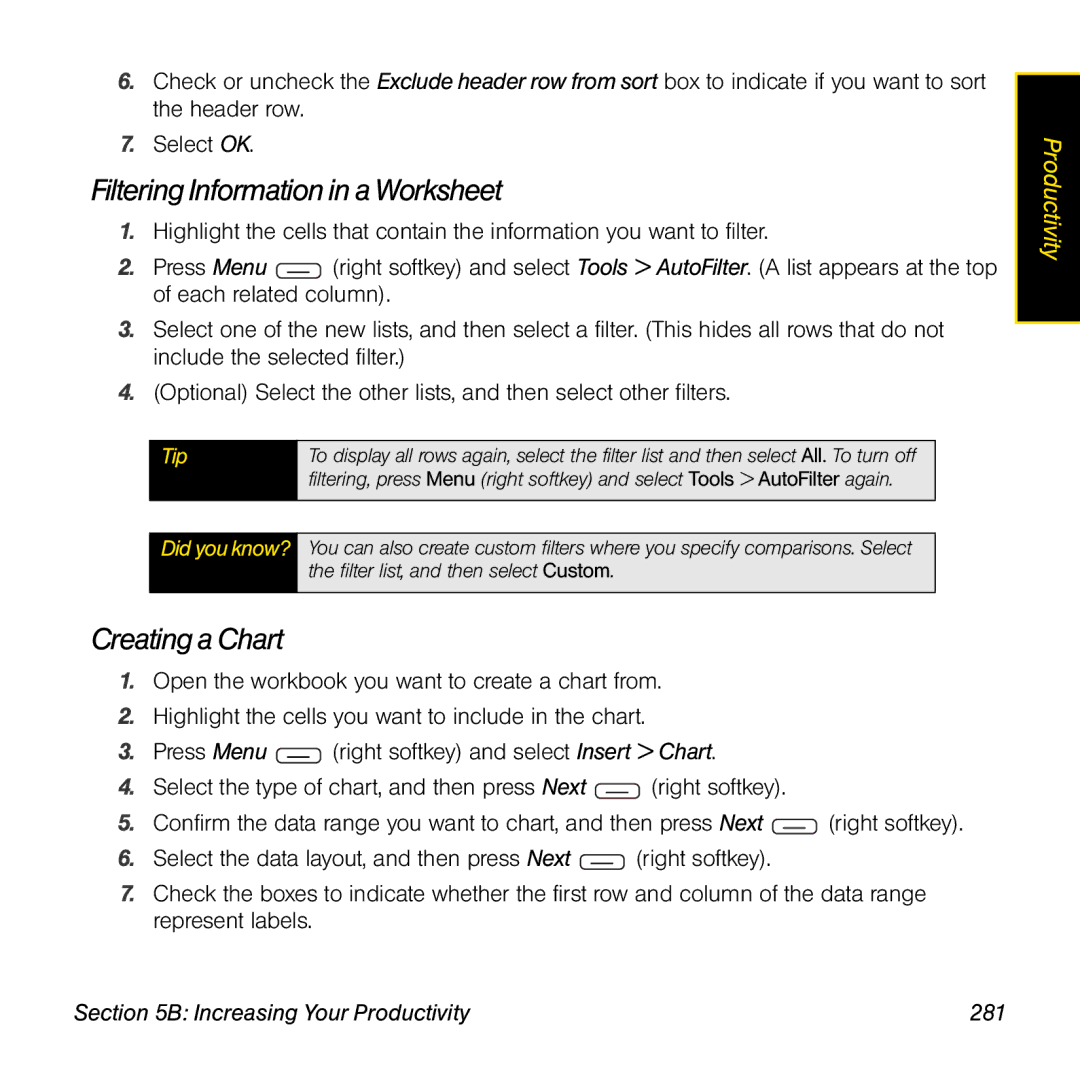 Sprint Nextel 800w manual Filtering Information in a Worksheet, Creating a Chart, Increasing Your Productivity 281 