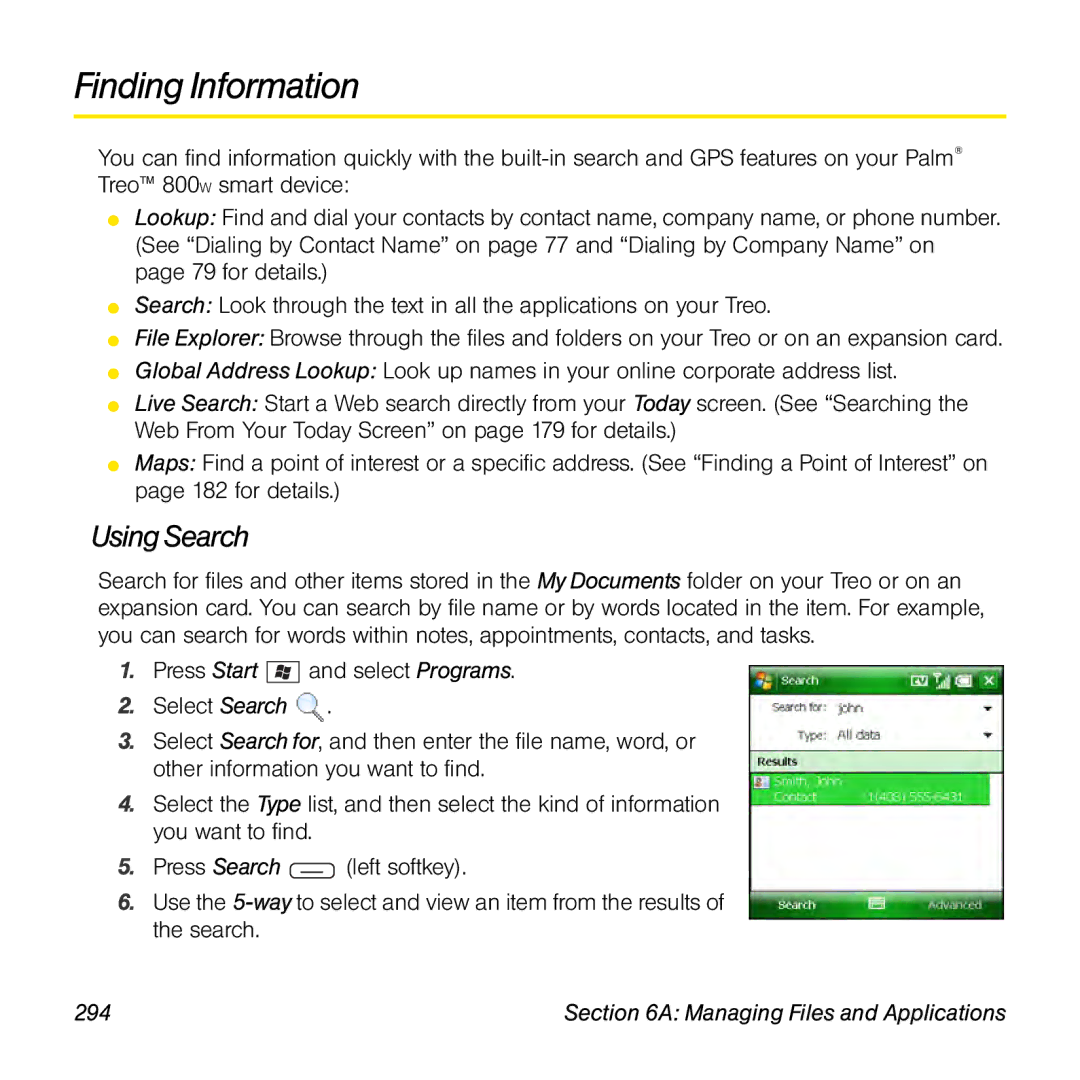 Sprint Nextel 800w manual Finding Information, Using Search, 294 