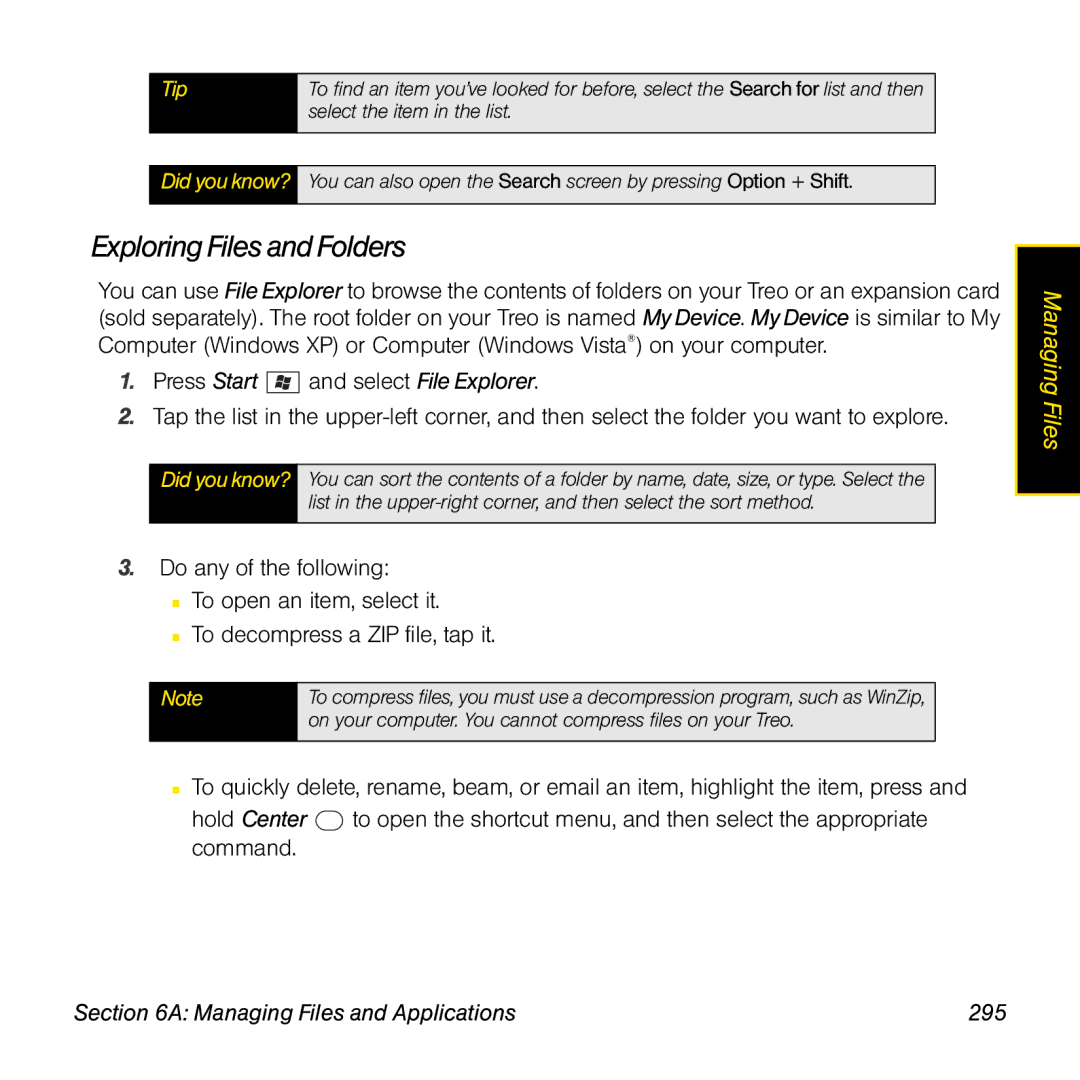 Sprint Nextel 800w manual Exploring Files and Folders, Managing Files and Applications 295 