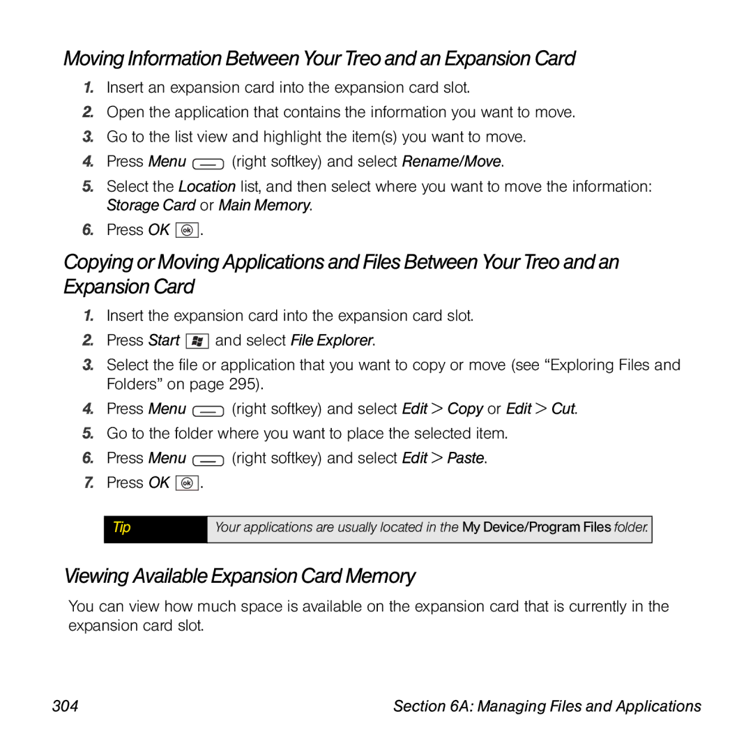 Sprint Nextel 800w Moving Information Between Your Treo and anExpansionCard, Viewing Available Expansion Card Memory, 304 