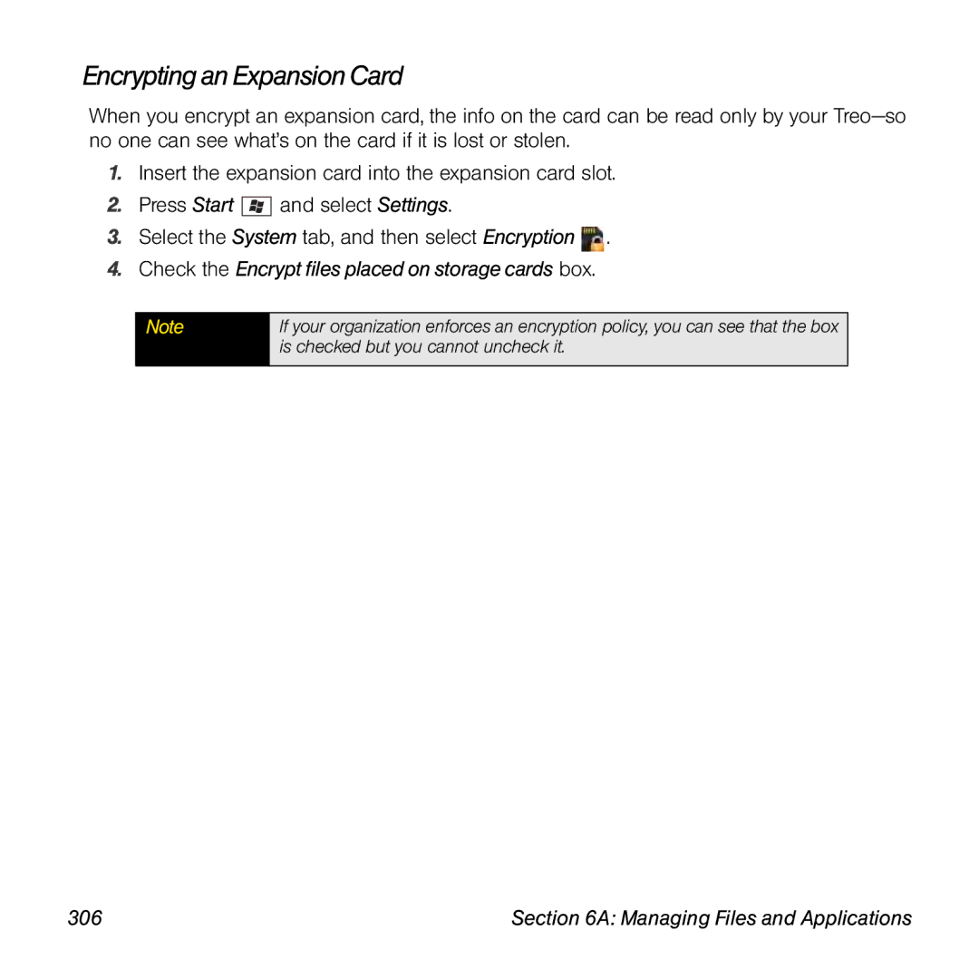 Sprint Nextel 800w manual Encrypting an Expansion Card, Check the Encrypt files placed on storage cards box, 306 