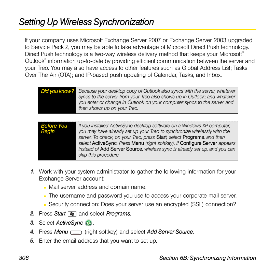 Sprint Nextel 800w manual Setting Up Wireless Synchronization, 308 