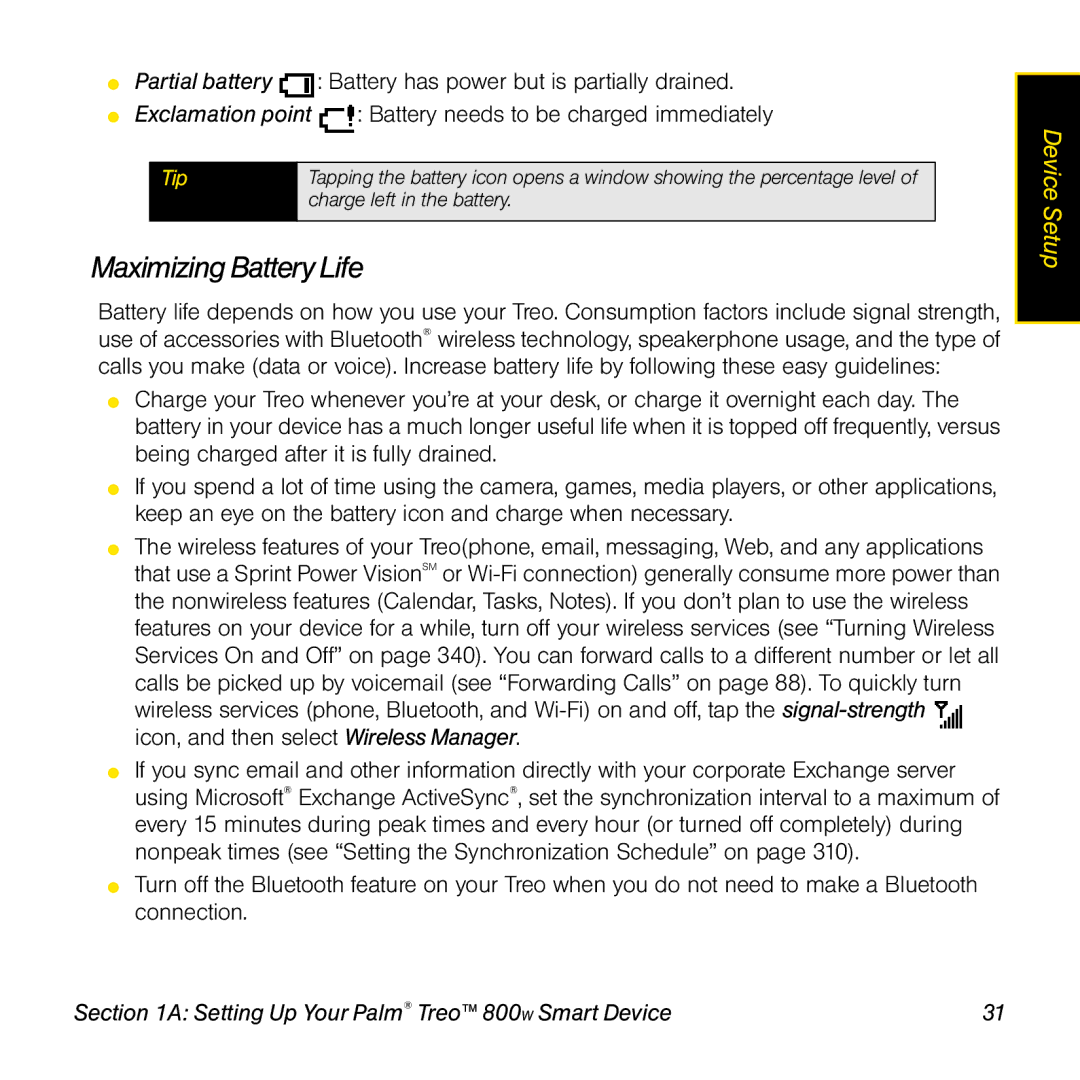 Sprint Nextel 800w manual Maximizing Battery Life 