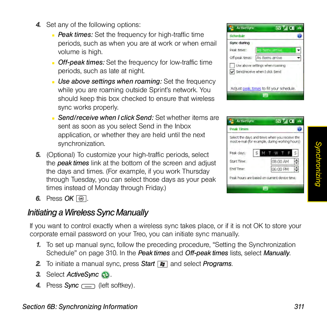 Sprint Nextel 800w manual Initiating a Wireless Sync Manually, Synchronizing Information 311 