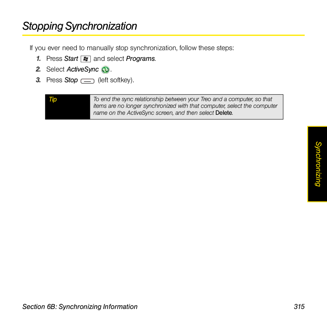 Sprint Nextel 800w manual Stopping Synchronization, Synchronizing Information 315 