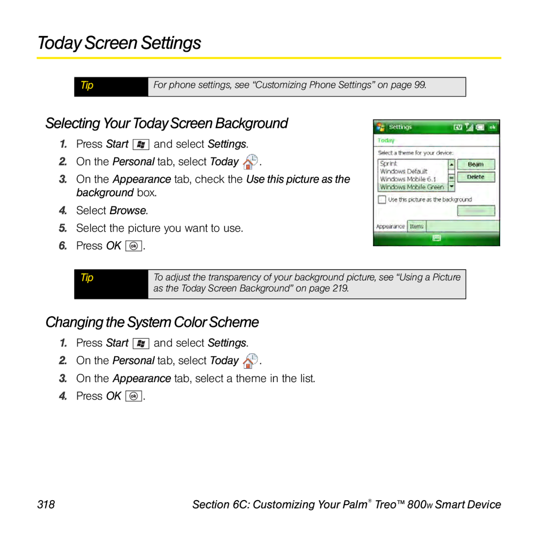 Sprint Nextel 800w Today Screen Settings, Selecting Your Today Screen Background, Changing the System Color Scheme, 318 