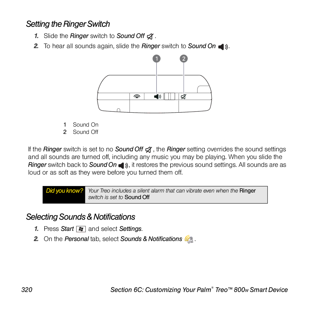 Sprint Nextel 800w manual Setting the Ringer Switch, Selecting Sounds & Notifications 