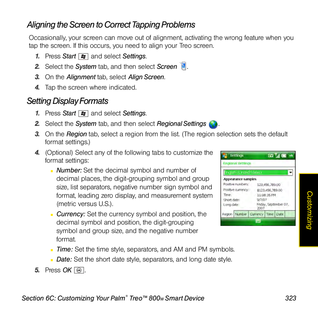 Sprint Nextel 800w manual Aligning the Screen to Correct Tapping Problems, Setting Display Formats 