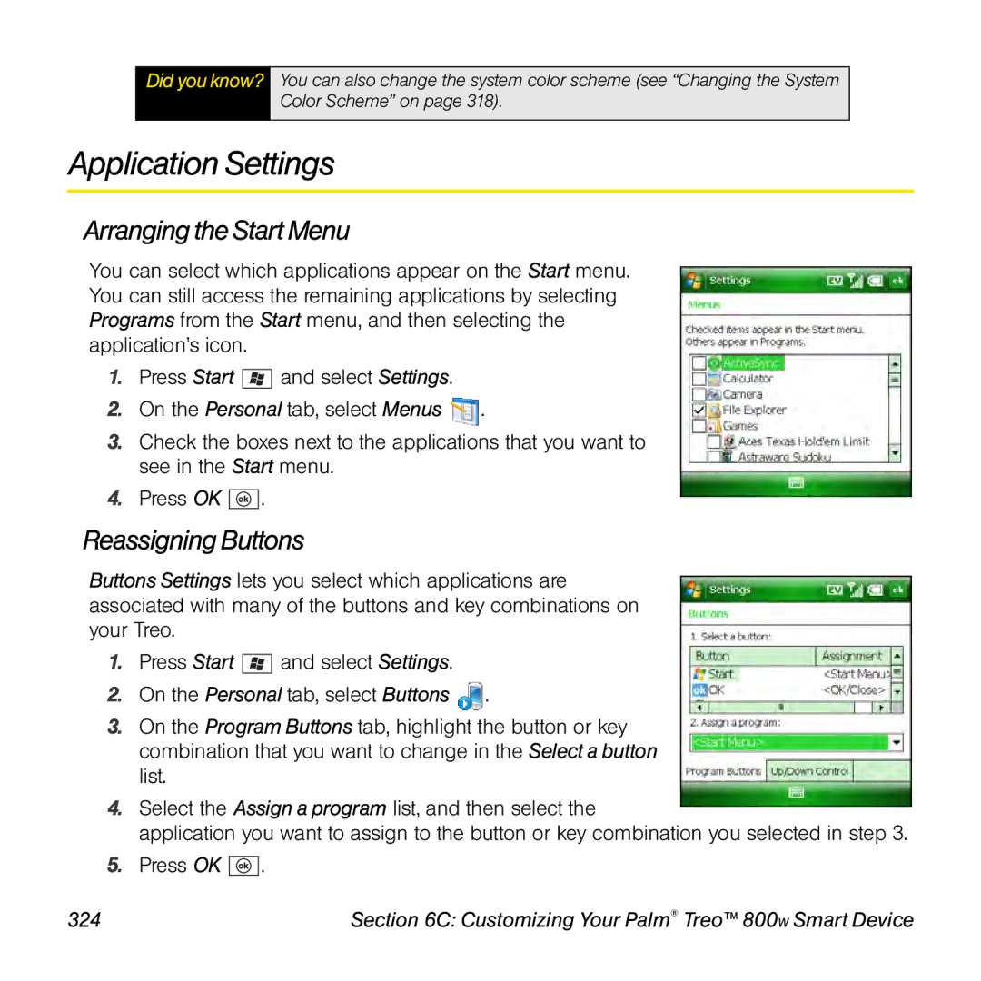 Sprint Nextel 800w manual Application Settings, Arranging the Start Menu, Reassigning Buttons, 324 