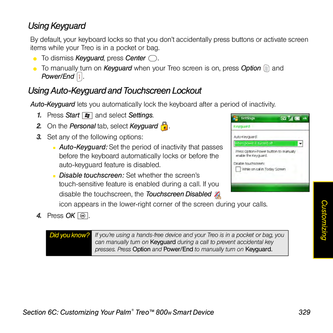 Sprint Nextel 800w manual Using Keyguard, Using Auto-Keyguard and TouchscreenLockout 