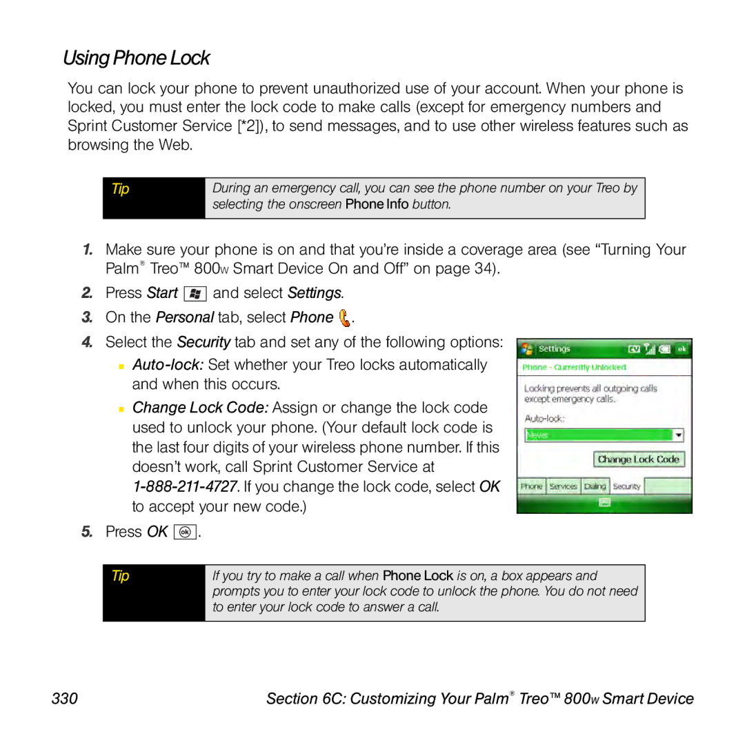 Sprint Nextel 800w manual Using Phone Lock, 330 
