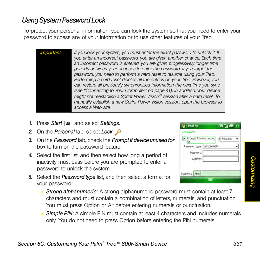 Sprint Nextel 800w manual Using System Password Lock, Customizing Your Palm Treo 800W Smart Device 331 