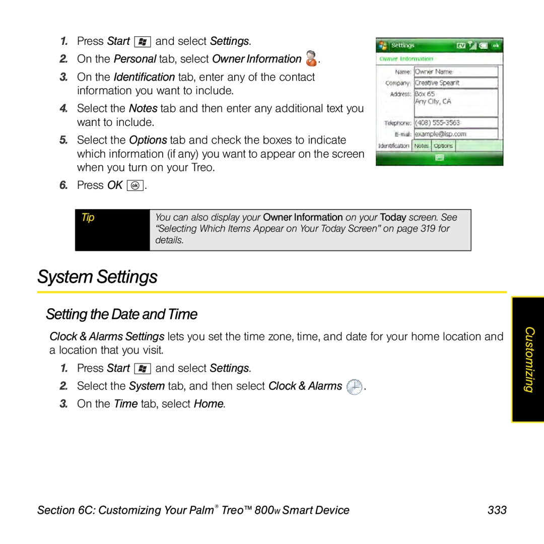 Sprint Nextel 800w manual System Settings, Setting the Date and Time, On the Personal tab, select Owner Information 