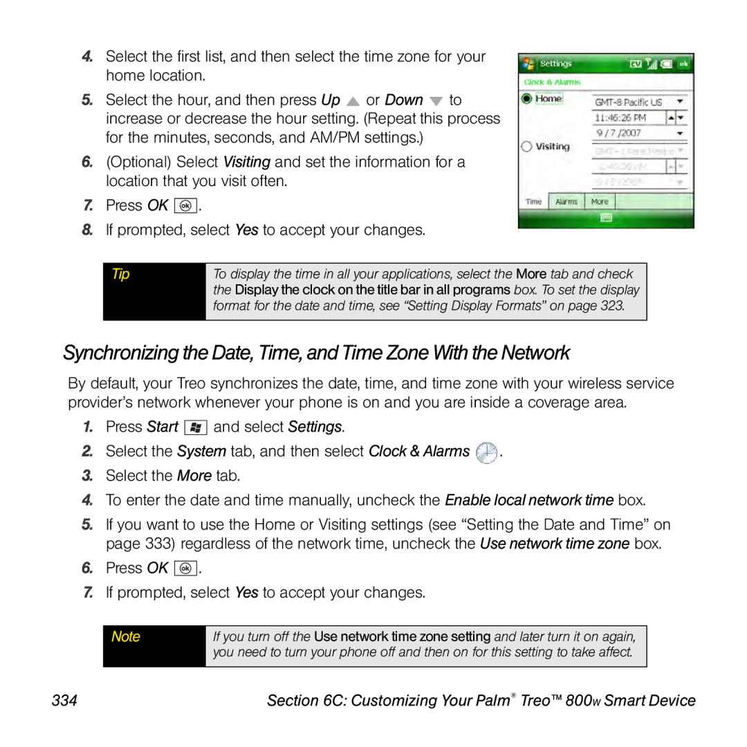 Sprint Nextel 800w manual Synchronizing the Date, Time, and Time Zone With the Network, 334 