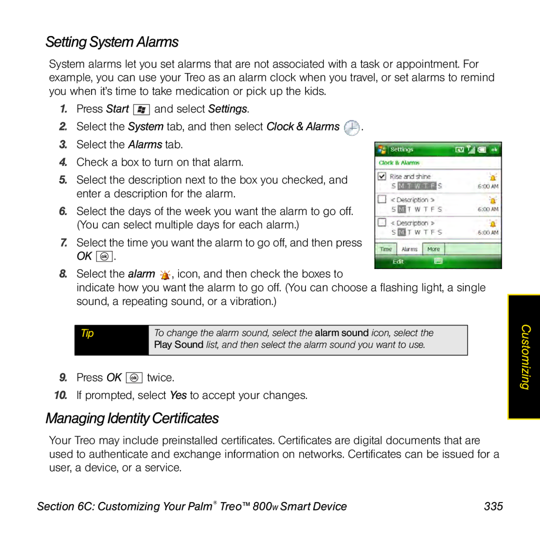 Sprint Nextel 800w Setting System Alarms, Managing Identity Certificates, Customizing Your Palm Treo 800W Smart Device 335 