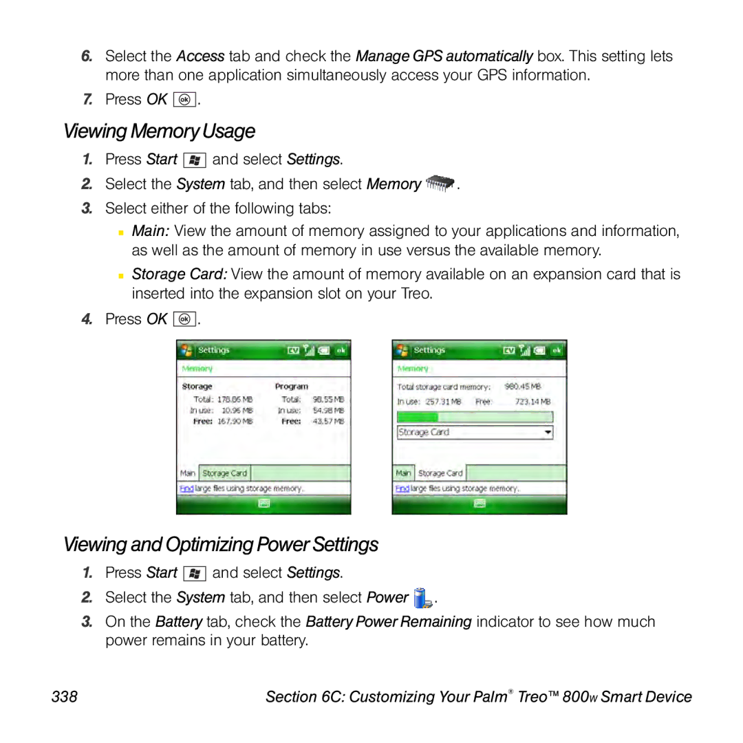 Sprint Nextel 800w manual Viewing Memory Usage, Viewing and Optimizing Power Settings, 338 